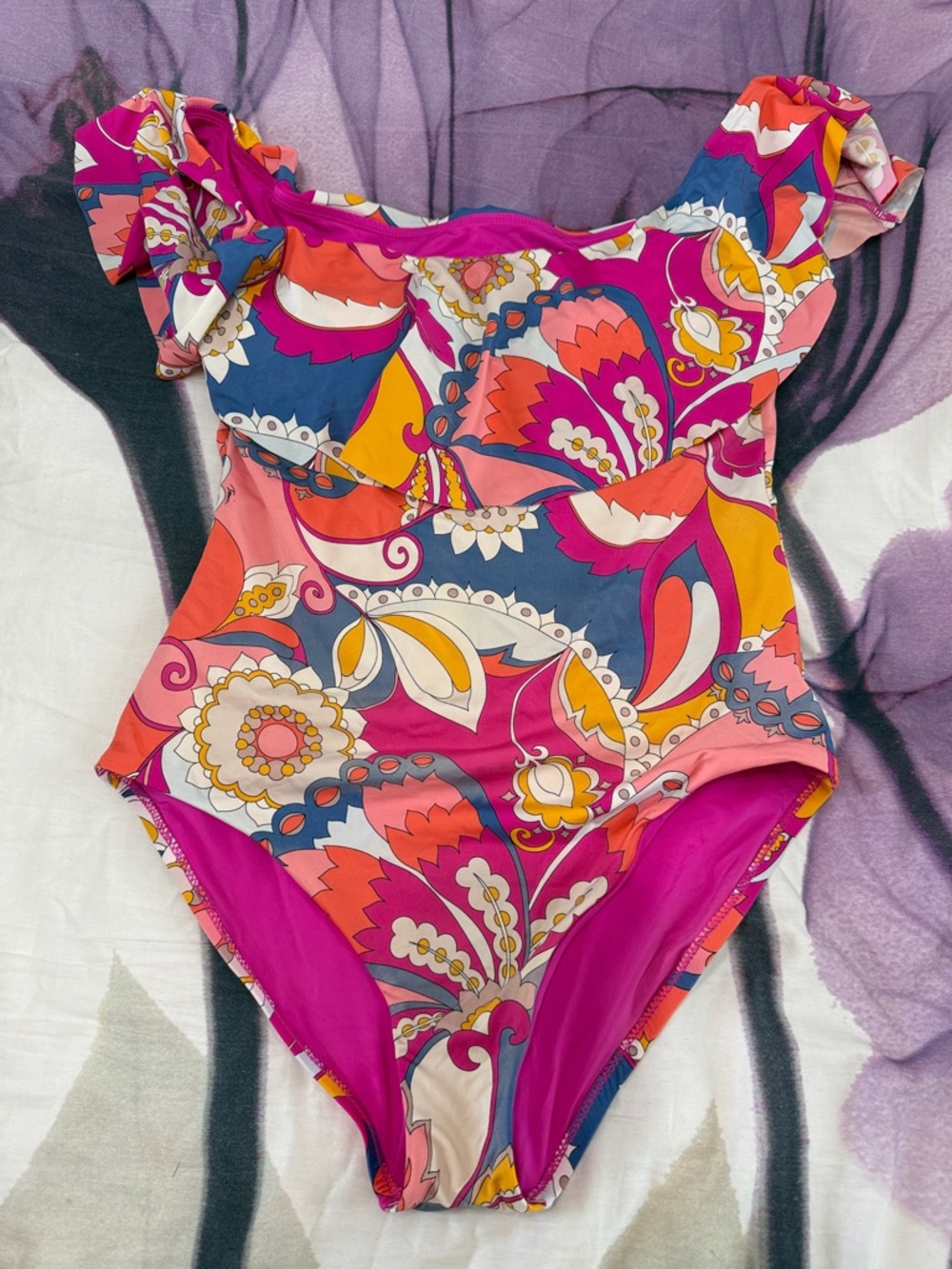 Trina Turk Pink Multi Floral Ruffle-Sleeve One-Piece Swimsuit